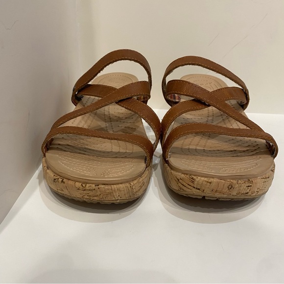 Crocs A- Leigh Cork Wedge Sandals Brown Leather Straps Strappy Size 10 Summer - Picture 2 of 13